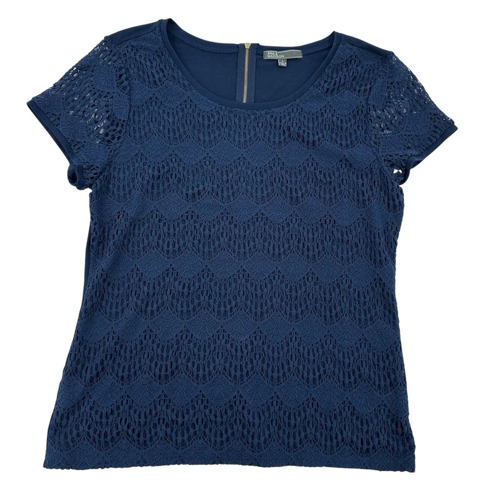 89th & Madison Navy Blue Lace Front Short Sleeve Zipper Back Top Womens Large